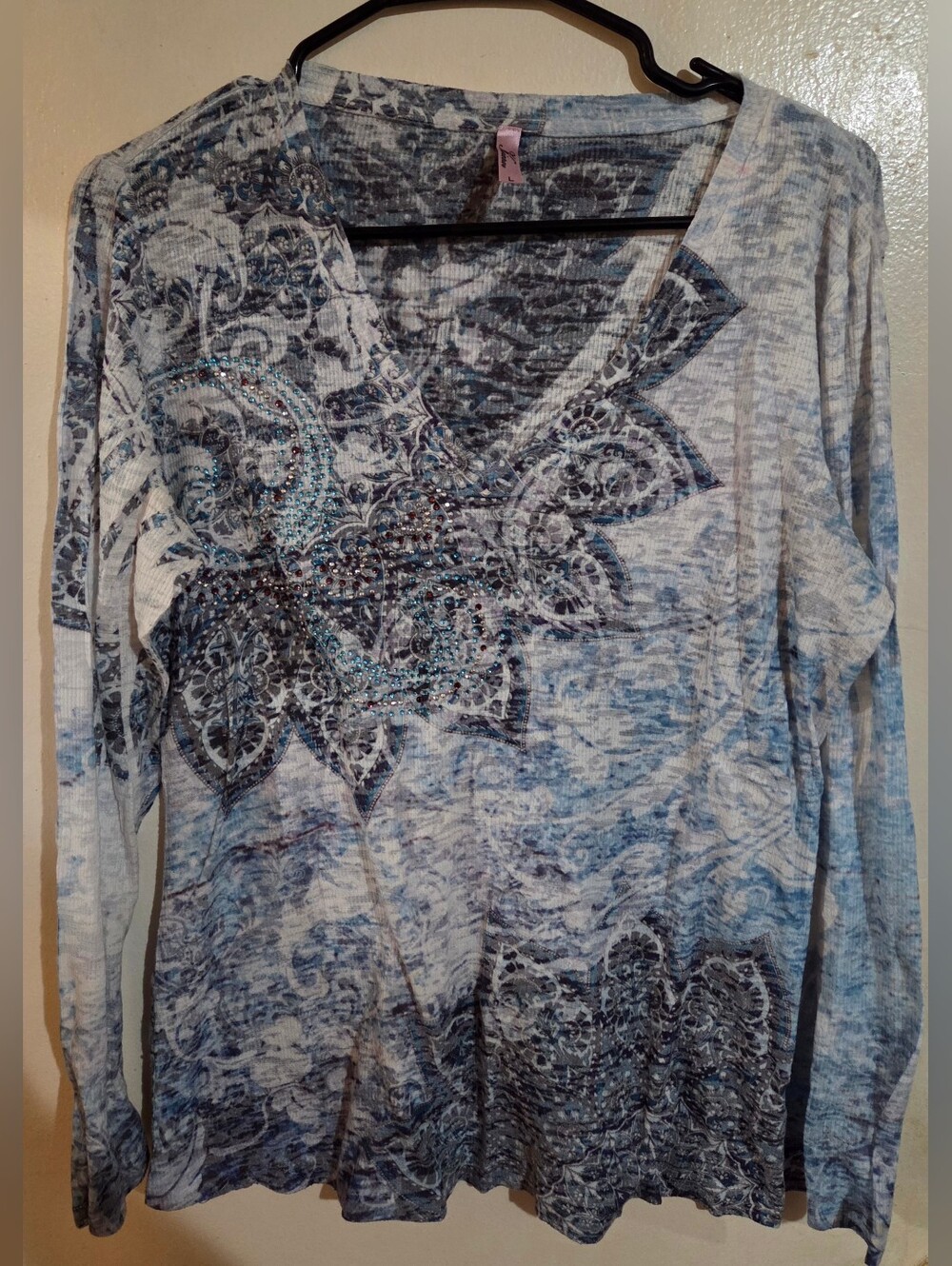 Kiara Womens Y2K Purple Blue Blingy Rhinestone Long Sleeve Shirt Size Large